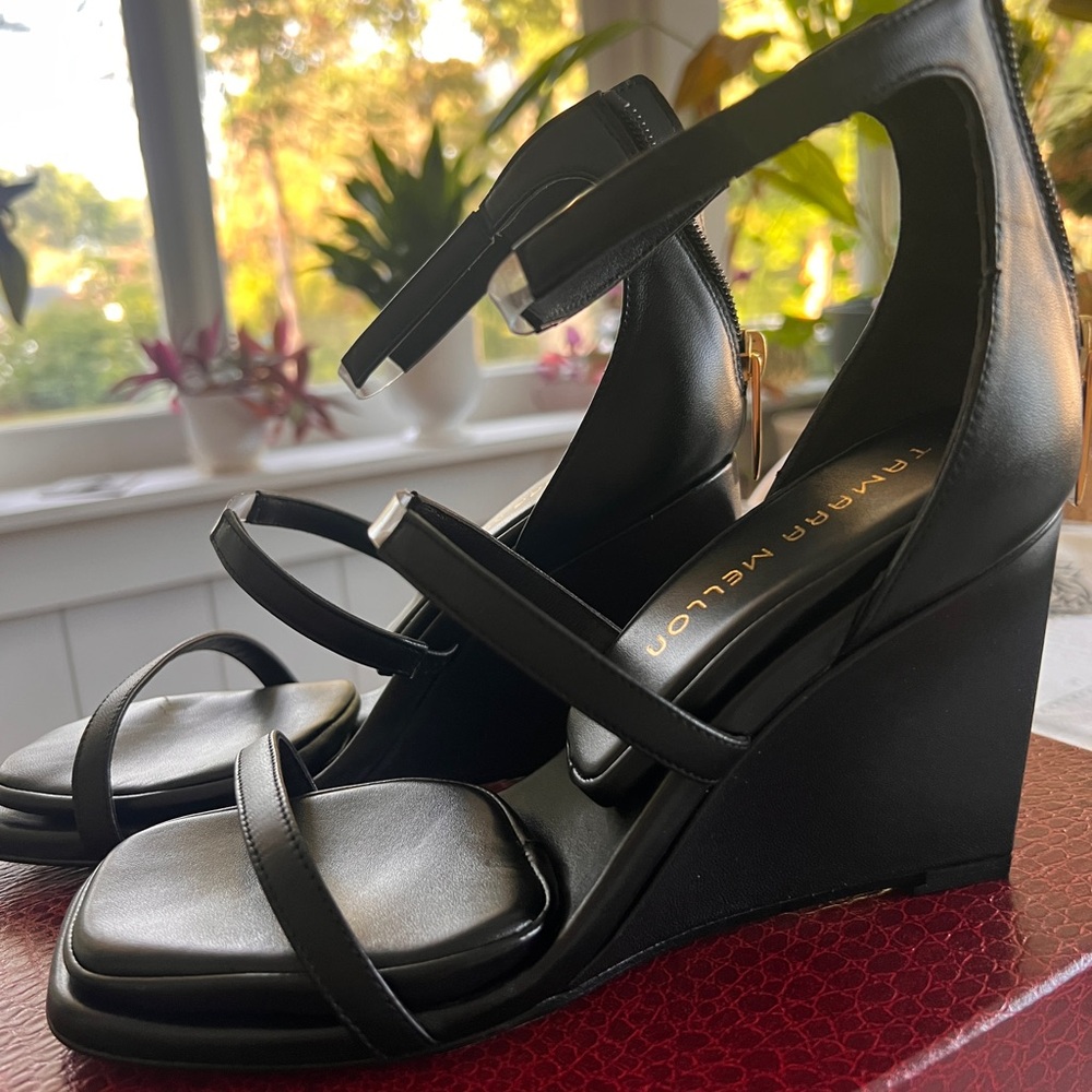 Tamara Mellon Black Leather Strappy Wedge Sandals